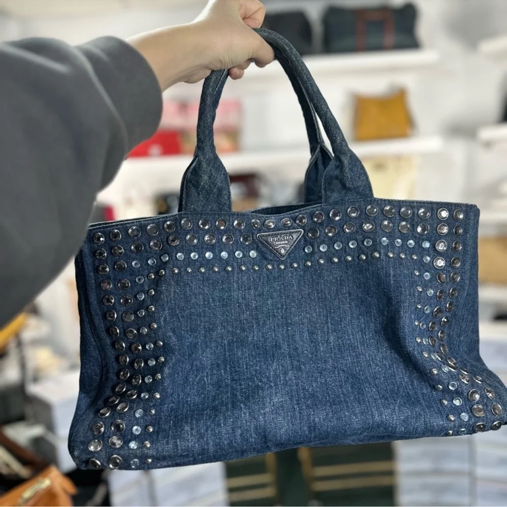 Prada Denim Blue Studded Tote Bag - Picture 14 of 16